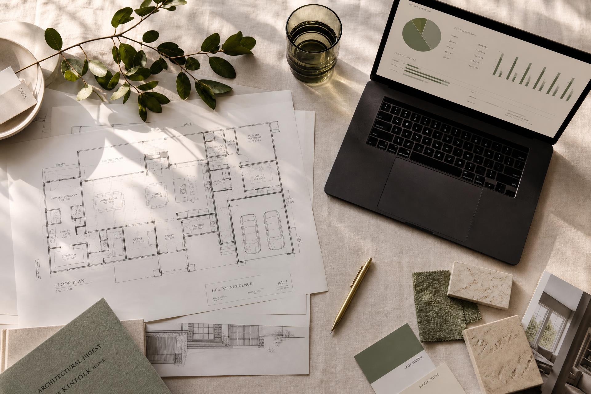 Architectural floor plans on linen surface with sage and stone material samples