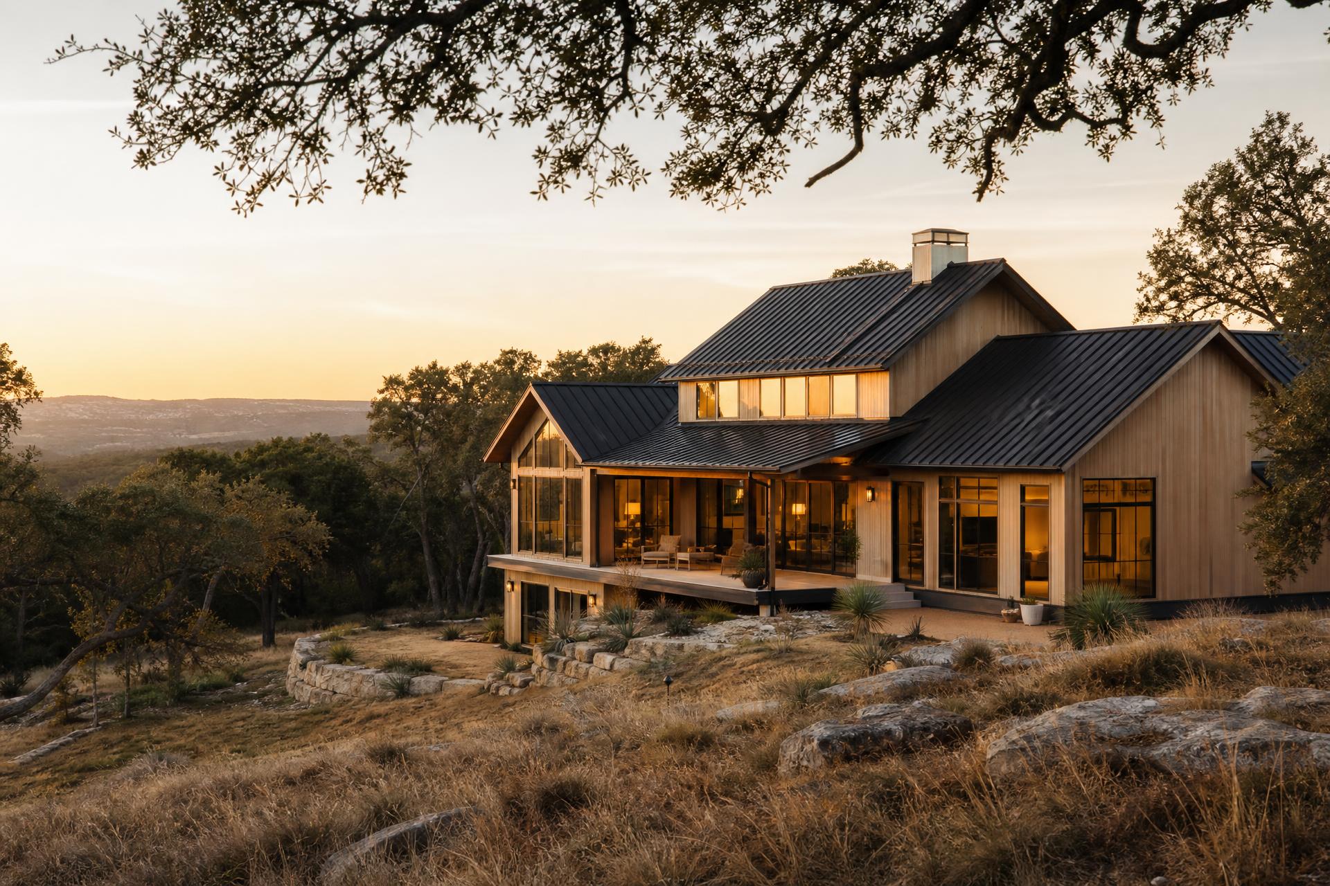 Modern custom home with warm wood siding and black metal standing-seam roof at golden hour on a wooded hillside lot