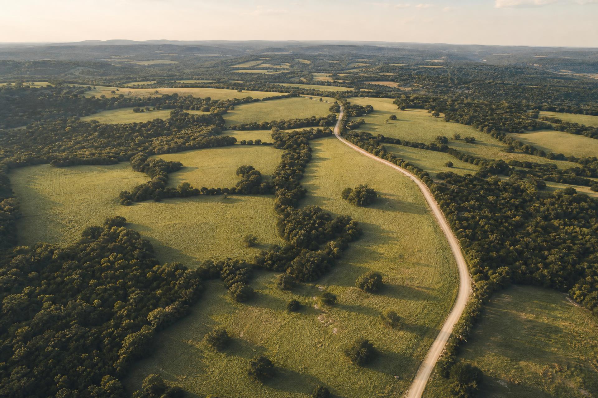 Aerial view of undeveloped parcels with a dirt road cutting through pastureland